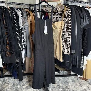 White Label The White Company Linen Dungaree Black Wide Leg Jumpsuit US 8 NWT